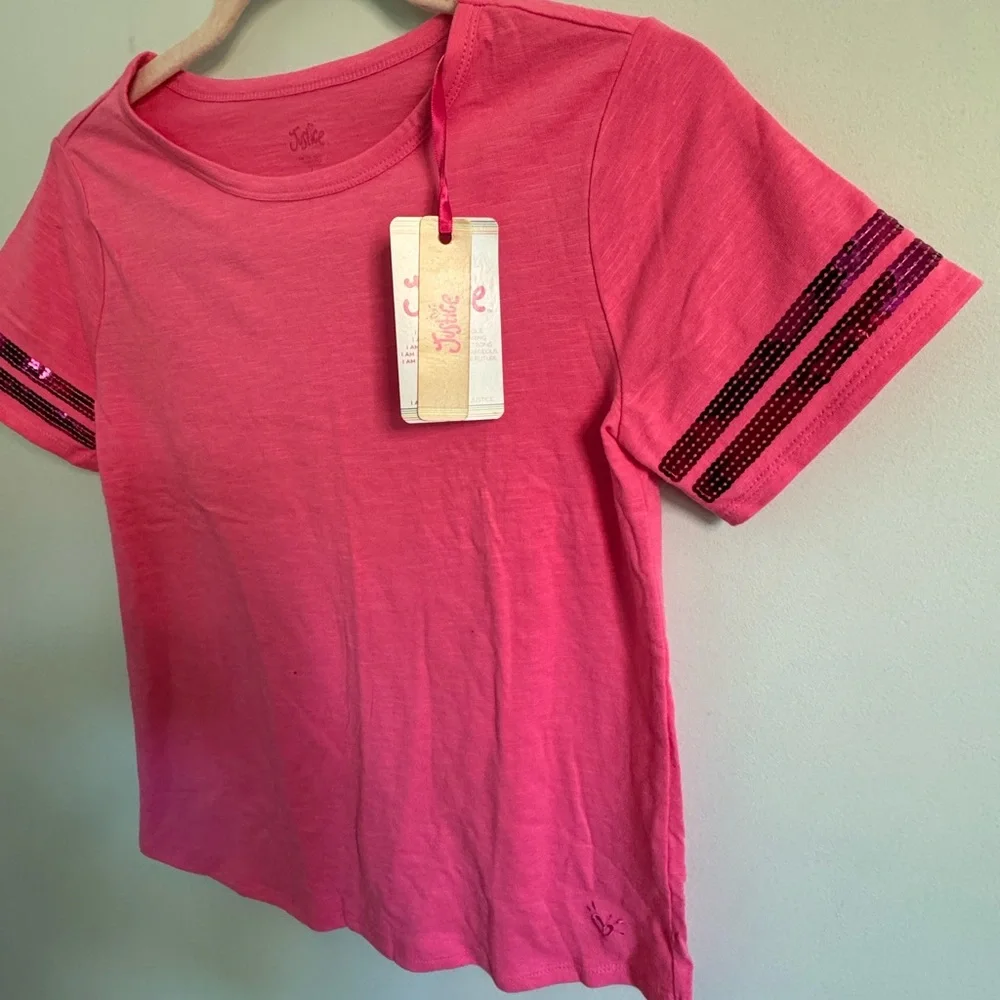 NWT Justice hot Pink Sequin Sleeve jersey style T-Shirt size large 12/14